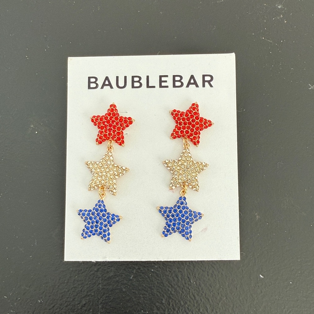 Baublebar Gold Tone Star Spangled Red White & Blue Triple Star Drop Earrings NEW